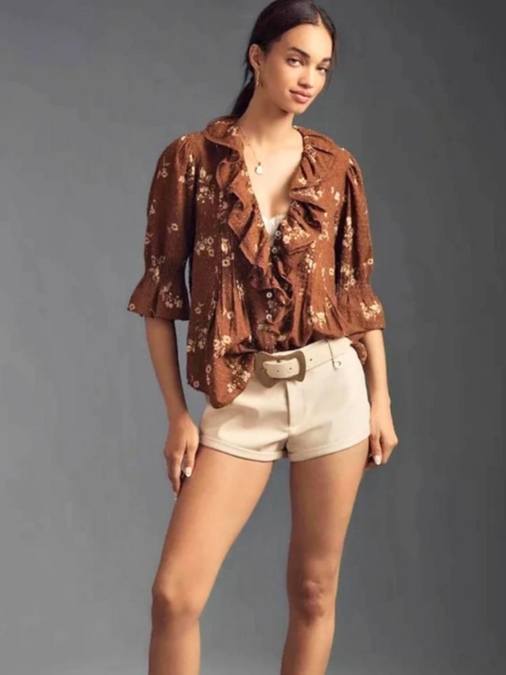 Anthropologie | Brown Ruffled Button-Front Blouse